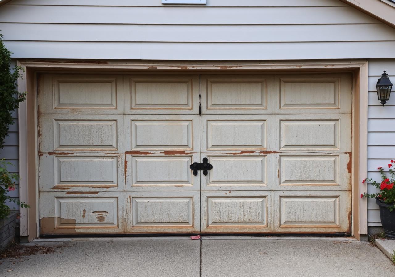 Before: worn dated garage door